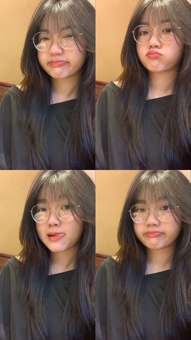 four pictures of a woman with glasses and long dark hair, making different expressions on her face