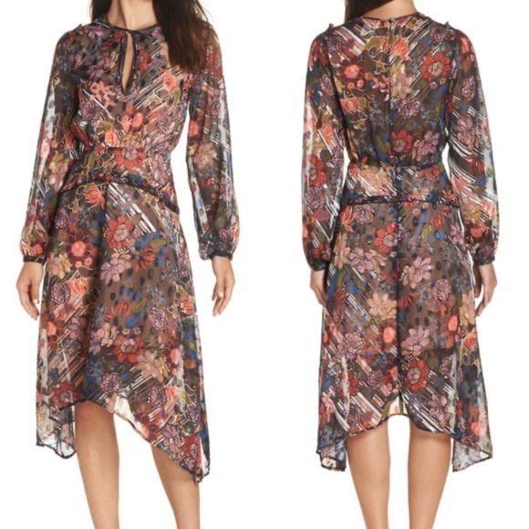 Foxiedox Retro Flowers Midi Dress | Size 6 | Asymmetrical Hem | Ruffle Trim Purchased From Nordstrom For $170 Double Lined Long Sleeves Tons Of Gorgeous Detail Perfect Wedding Guest Dress Nwt Fall Brunch Dress With Asymmetrical Hem, Asymmetrical Hem Midi Dress With Floral Print For Brunch, Fall Floral Print Dress With Asymmetrical Hem, Fall Brunch Midi Dress With Asymmetrical Hem, Chic Fall Dresses With Handkerchief Hem, Chic Handkerchief Hem Dresses For Fall, Floral Print Dress With Asymmetrical Hem For Date Night, Fall Daywear Dress With Asymmetrical Hem, Asymmetrical Hem Dresses For Fall Daywear