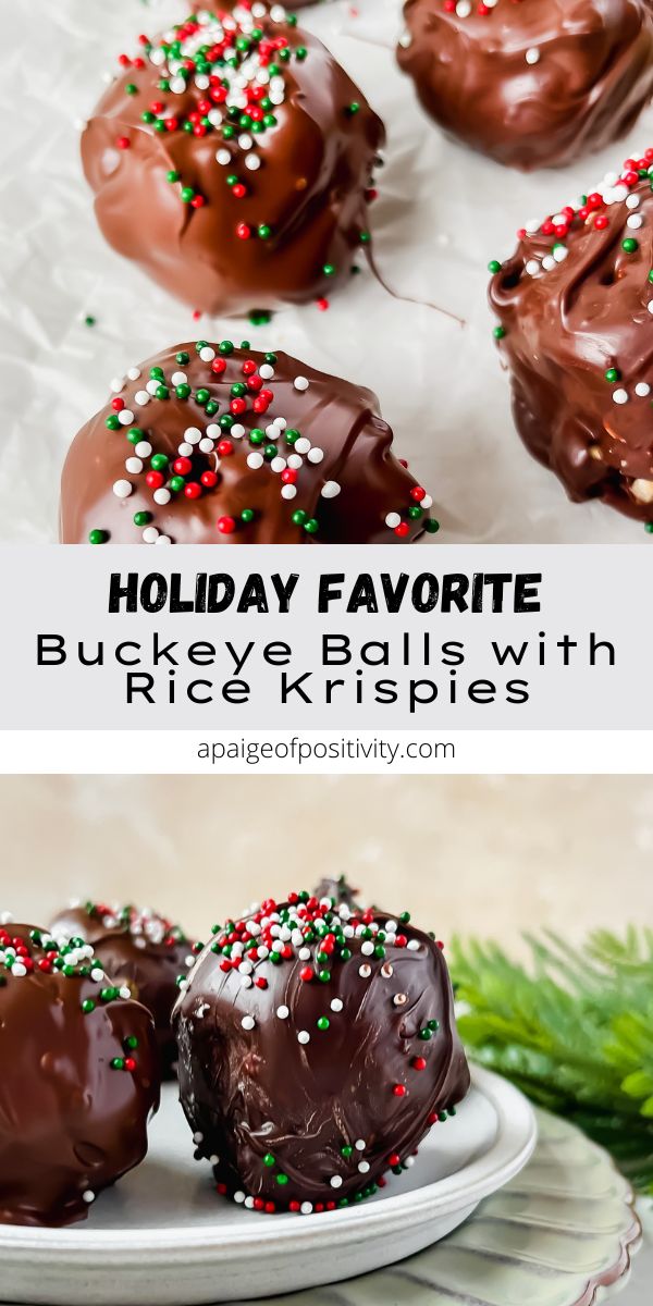 holiday favorite buckeye balls with rice krispies on a white plate and green christmas tree in the background