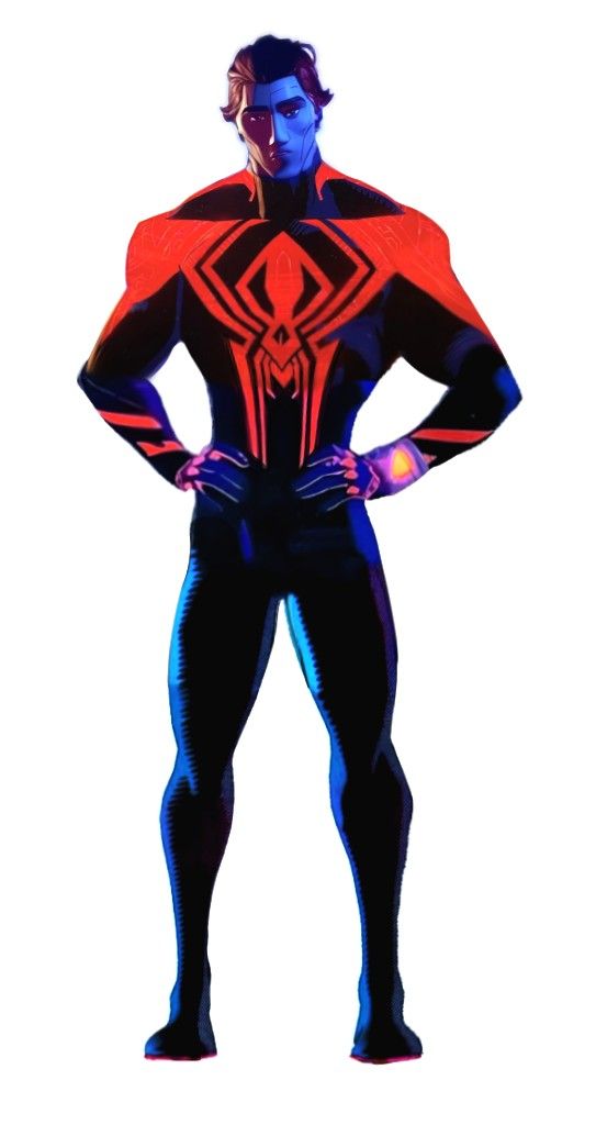 a man standing with his hands on his hips wearing a red and black spider suit