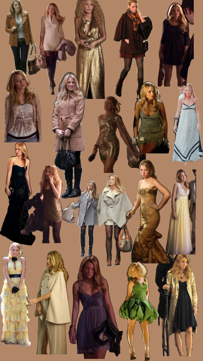 a collage of women dressed in different styles and colors, all wearing long dresses