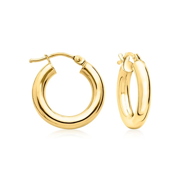 Ross-Simons - Italian 3mm 18kt Yellow Gold Hoop Earrings. 5/8". Crafted in Italy, these classic hoop earrings glow in polished 18kt yellow gold. They are the perfect pair for daily wear! Hanging length is 5/8". Snap-bar, 18kt yellow gold hoop earrings. Classic Yellow Gold Hoop Earrings With Shiny Finish, Classic Yellow Gold Round Hoop Earrings, Classic Round Yellow Gold Hoop Earrings, Jewelry Presentation, Fine Jewellery Earrings, Jewelry Earrings Hoops, Gold Hoop, Gold Hoop Earrings, Perfect Pair