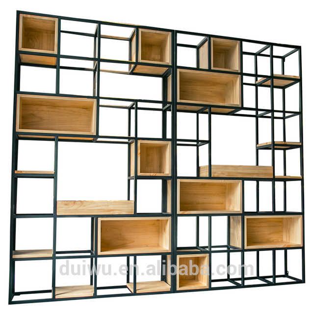 a metal and wood shelving unit with wooden shelves on each side, against a white background