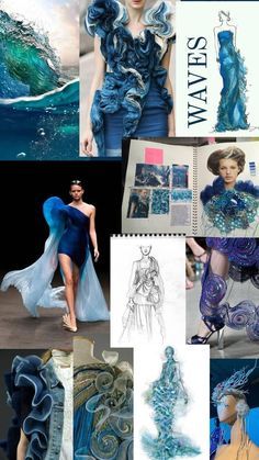 blue and purple fashion collage with images of women in gowns, dresses and accessories