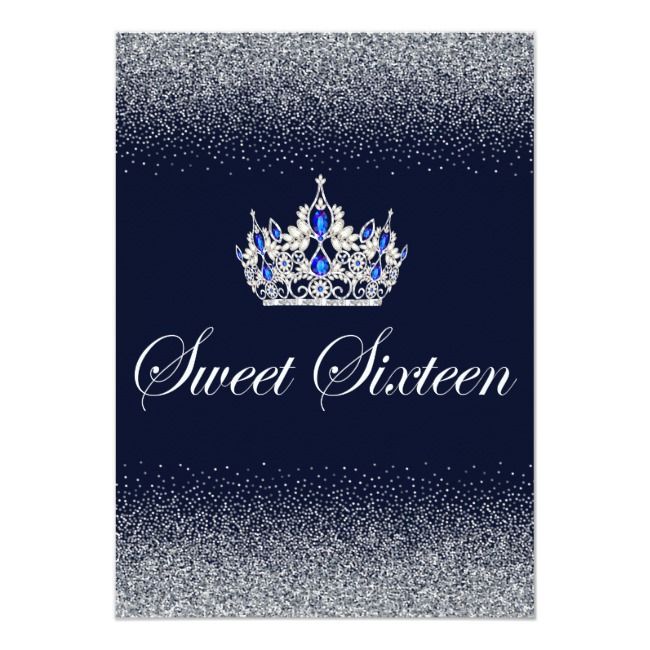 a blue and silver glitter sweet sixteen card with a crown on the front that says sweet sixteen