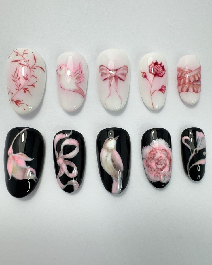 Storybook dreaming: 100% hand painted set with delicate little birdies, bows and flowers. A mix of soft feminine elements and contrasting black, pink and white. >> swipe for inspo by @jennybirdart This style of hand painting is such a test of patience but I’m really happy with how it turned out. Can’t wait to wear them for a girls dinner and drinks Friday night 🍸 #handpaintednails #cutenailart #birdnails #bownails #pinknails Black And Flower Nails, Bows And Flowers, Drink Nails Designs, Pink Black White Nails, Pink And Black Nails Design, Black Pink Nail Art, Black Nails With Flowers, Pink Black And White Nails, Black Flower Nails