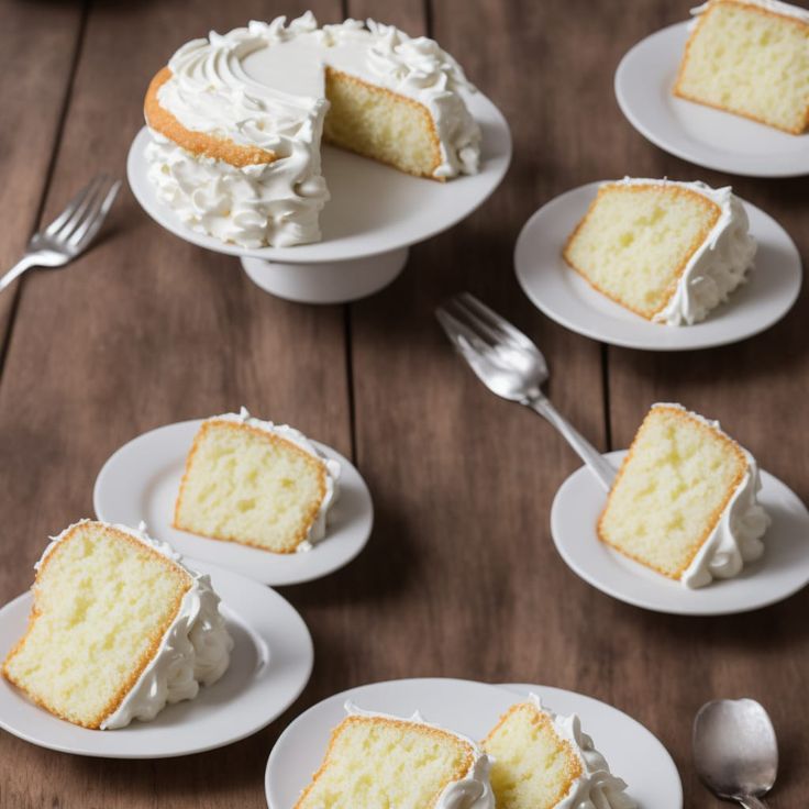 several slices of cake on white plates with forks