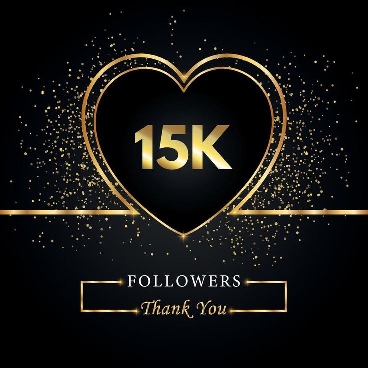 a black and gold heart with the number 15k on it, surrounded by confetti