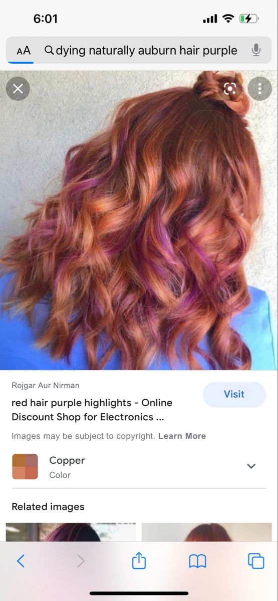 Ginger Hair With Red Peekaboo, Red Hair With Peekaboo Color, Copper Hair Purple Highlights, Copper Red Hair With Pink Highlights, Copper Hair With Purple Peekaboos, Natural Red Hair With Purple Peekaboos, Bright Red Hair With Pink Highlights, Copper And Purple Hair, Ginger And Purple Hair