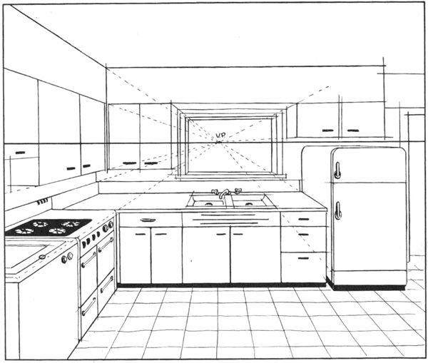 a drawing of a kitchen with white cabinets