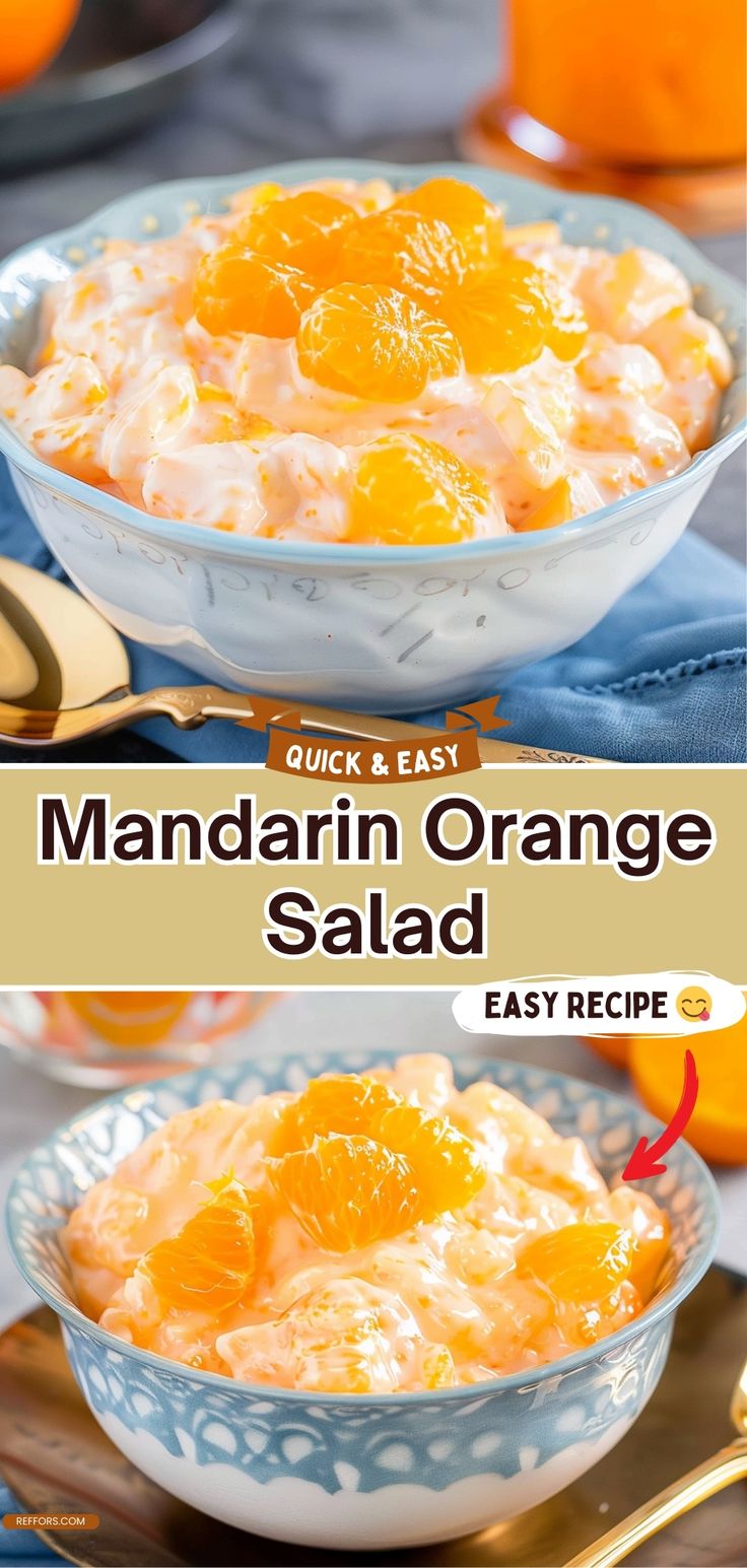 mandarin orange salad in a blue bowl with gold spoons on the side and text overlay