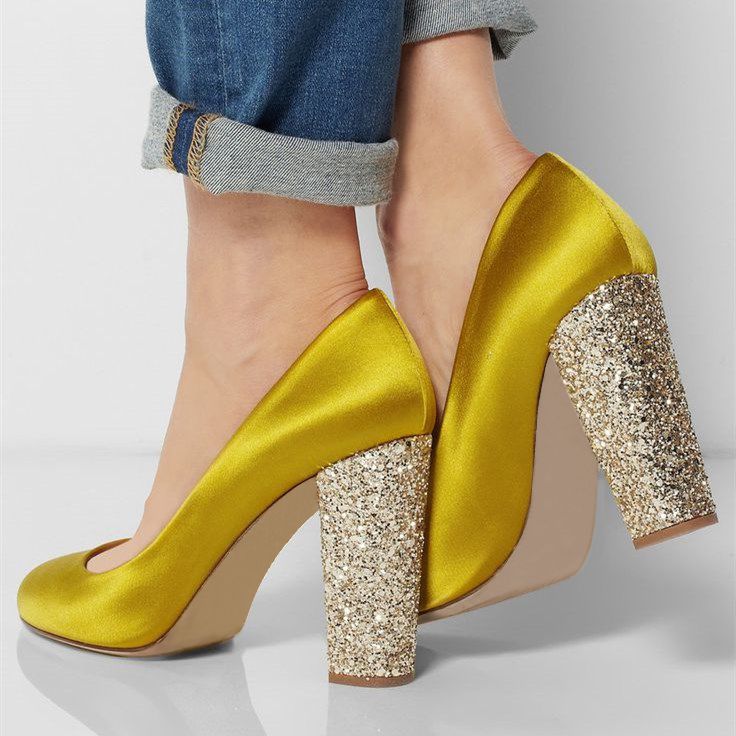 Elevate your evening look with these Gold Satin Pumps. Featuring a round toe, glitter-block heel, and luxurious satin finish, they add glamour and sophistication to any outfit. Color: Gold Material: Satin Heel Type: Block heel Heel height: 4" / 100 mm approx Product measurements were taken using size 8. Please note that measurements may vary by size. Toe: Round toe Gold glitter block heel design Slip-on style Handcrafted US sizing. Fits true to size. Gold Sparkly Heels, Sparkly Heels, Prom Heels, Chunky Heel Pumps, Satin Heels, Glitter Shoes, Satin Pumps, Prom Shoes, Evening Shoes