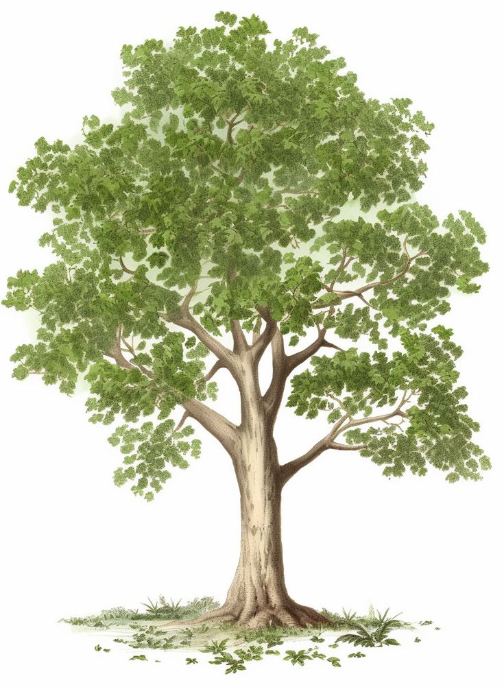 a drawing of a tree with green leaves on the top and bottom branches, in front of a white background