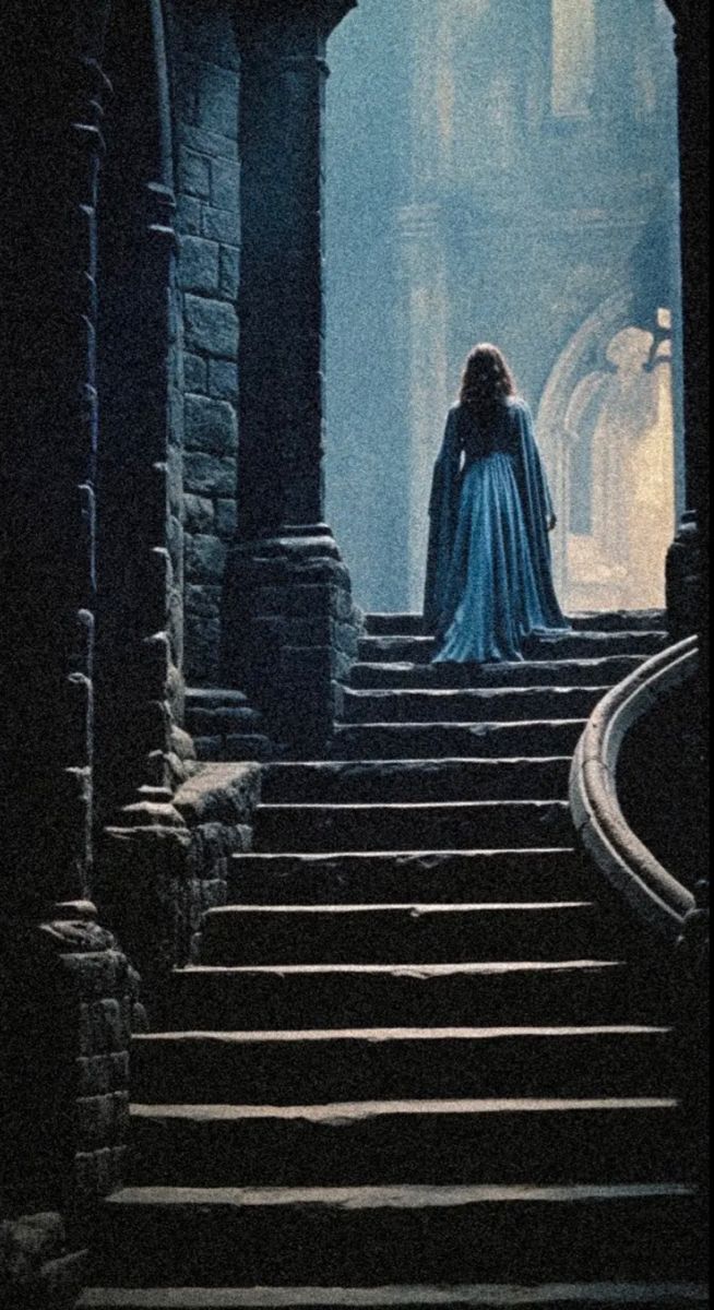 a woman in a blue dress is walking down some stairs