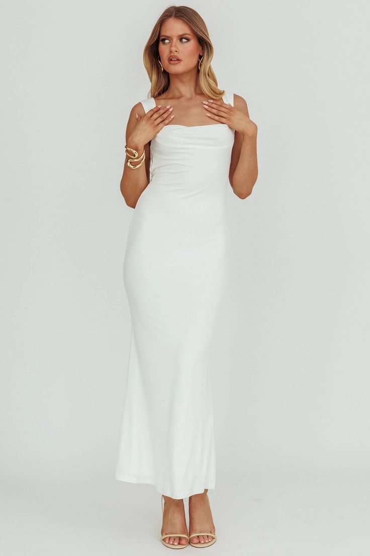 Shop the Annabel Bodycon Maxi Dress White | Selfie Leslie Fitted Long Backless Dress With Tie Back, Sleek Fitted Backless Dress With Tie Back, Sleek Fitted Maxi Dress With Tie Back, Formal Fitted Maxi Dress With Tie Back, Fitted Backless Maxi Dress With Tie Back, Fitted Maxi Length Backless Dress With Tie Back, Elegant Bodycon Maxi Dress With Ruched Back, Fitted Maxi Dress With Ruched Back For Gala, Fitted Sleek Maxi Dress For Prom Season