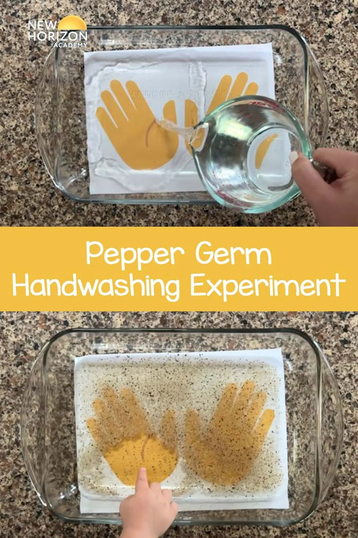 the process for making paper germ handwashing experiment is shown in two separate pictures