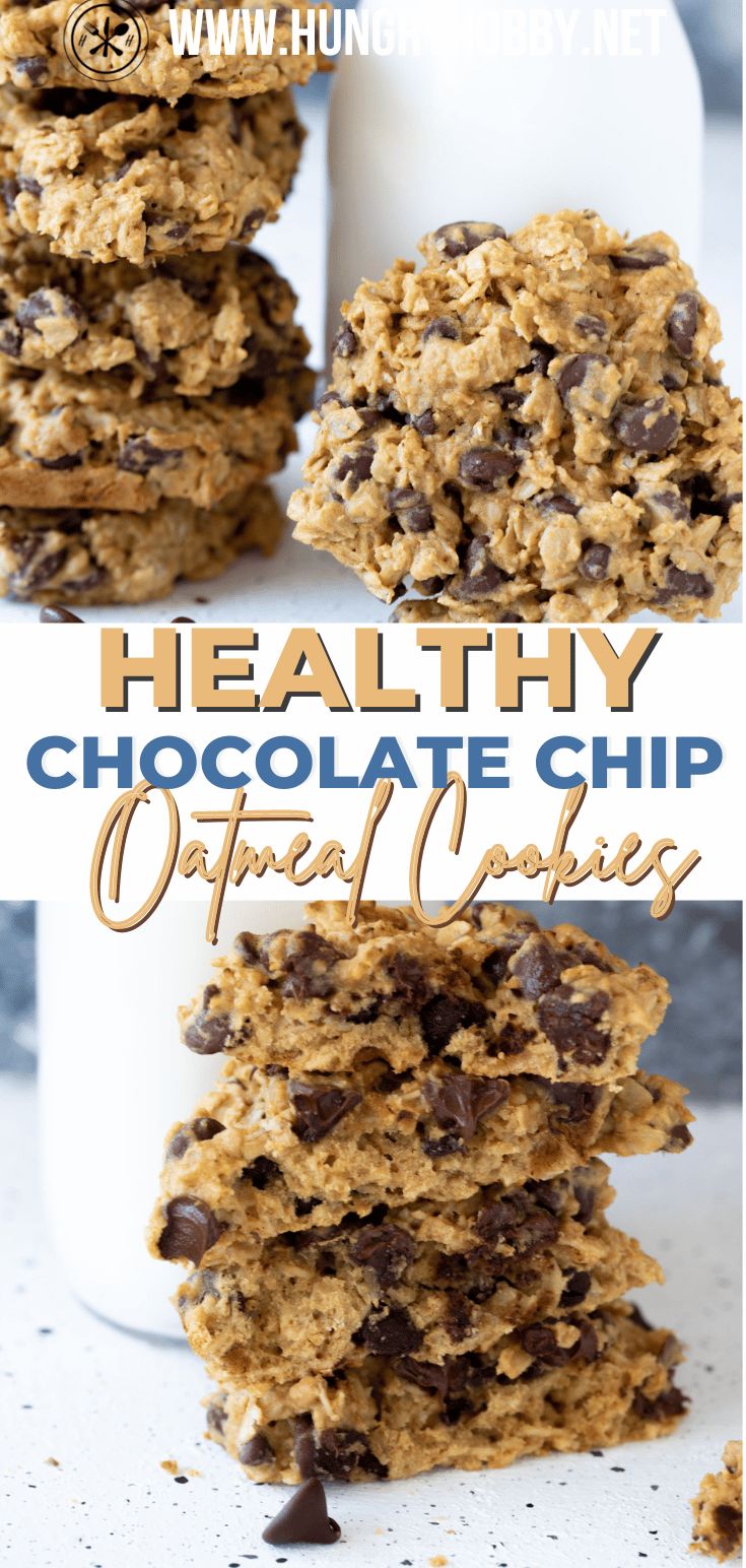 healthy chocolate chip oatmeal cookies stacked on top of each other