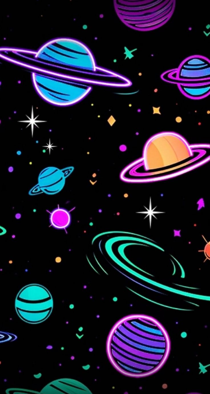 an image of planets and stars in the night sky with neon colors on black background