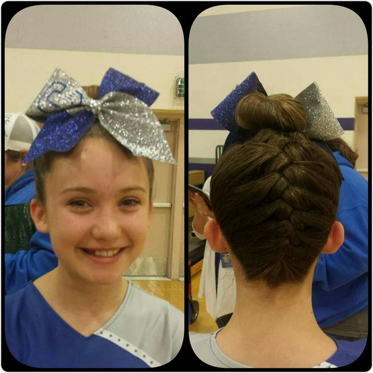 Cheer Updo - Inverted French Braid with Bun and Bow Cheer Bun With Bow, Hairstyles For Cheerleading, French Braid With Bun, Cheer Hairstyles With Bows, Braid With Bun, Cute Updo Hairstyles, Hairstyles With Bows, Inverted French Braid, Hair With Bow