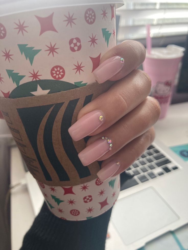 Pastel Pink Nails With Rhinestones, Nails Inspo Rhinestones, Gems Around Cuticle Nails, Gel X With Gems, Basic Pink Nails With Gems, Plain Pink Nails With Rhinestones, Gems On Nails Simple, Light Pink Nails With Diamonds, Basic Nails With Gems