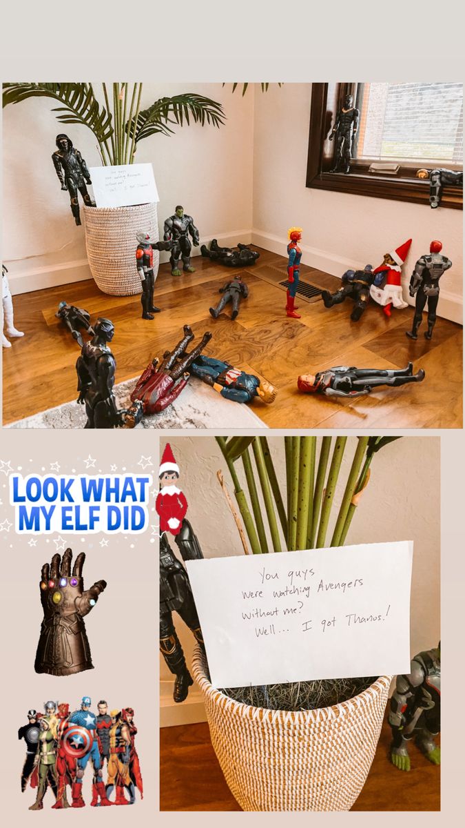 a bunch of action figures sitting on top of a wooden floor next to a plant