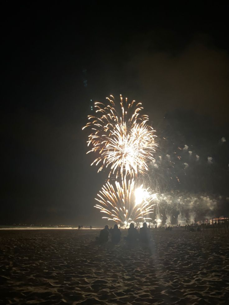 fireworks are lit up in the night sky over sand dunes and people on the beach