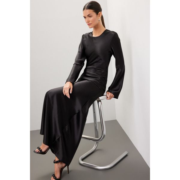 Black satin (100% Polyester). Shift. Long sleeves. Crewneck. Back Zipper Closure. 58" from shoulder to hemline. Imported. Rent The Runway, Satin Gown, Closet Designs, Chunky Boots, Black Satin, Slip Dress, Black Dress, Long Sleeves, Satin