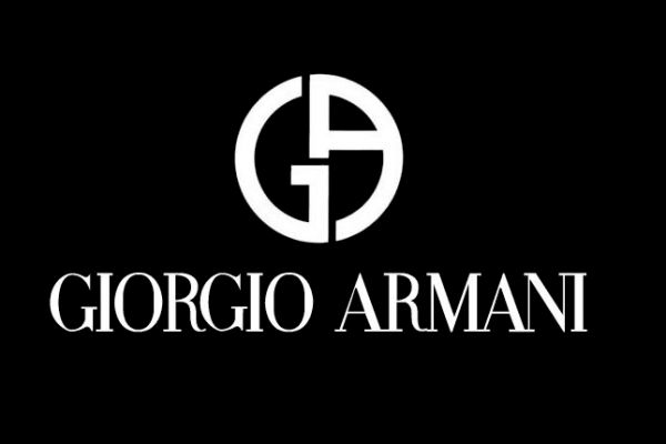 a black and white logo with the word giorggio armani on it's left side