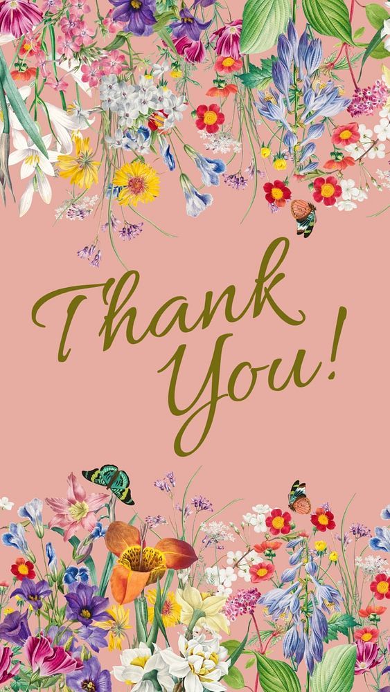 a pink thank card with flowers and butterflies on it, the words thank you are written in