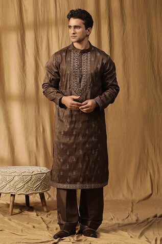 Brown kurta with bead embroidery. Paired with a salwar. - Aza Fashions Festive Straight Kurta Churidar With Traditional Fit, Traditional Fit Traditional Wear With Dabka Work For Diwali, Embroidered Dabka Fabric For Traditional Ceremonies, Traditional Fit Resham Embroidered Kurta For Diwali, Embroidered Straight Kurta For Eid, Traditional Wear With Dabka For Designer Wear, Dabka Embroidered Chanderi Fabric For Diwali, Chanderi Embroidered Fabric With Dabka For Diwali, Festive Dabka Embroidered Fabric For Traditional Ceremonies