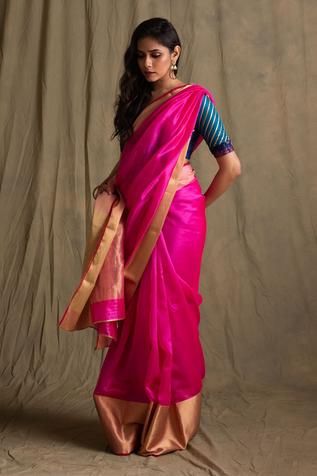 Shop for Priyanka Raajiv Pink Chanderi Embroidered Saree for Women Online at Aza Fashions Rani Pink Kanjeevaram Saree, Pink Sari With Contrast Blouse, Pink Silk Saree Contrast Blouse, Rani Pink Saree Contrast Blouse, Pink Saree With Contrast Blouse, Pink Saree Contrast Blouse, Benaras Sarees, Pink Color Saree, Kanjivaram Sarees Silk