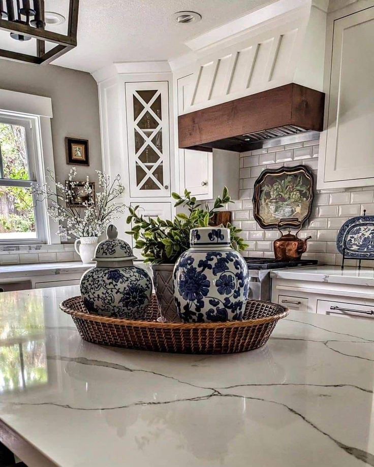 two blue and white vases sitting on top of a kitchen counter next to a potted plant