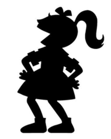 a black and white silhouette of a girl with her hands on her hips, standing in front of a yellow frame