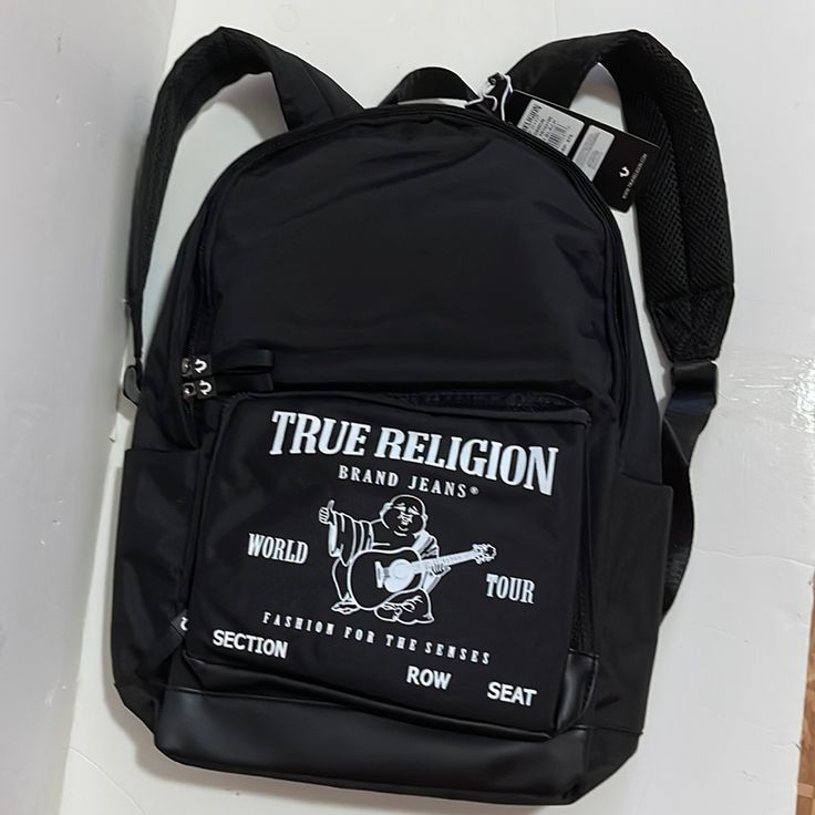 Nwt True Religion Black Backpack Streetwear Standard Backpack, Standard Backpack For Streetwear, Casual Streetwear Bag, Large Capacity Standard Backpack For Streetwear, Urban Bags With Adjustable Strap For Streetwear, Urban Streetwear Bag With Adjustable Strap, Casual Streetwear Bags With Softback, Casual Softback Bags For Streetwear, Urban Style Standard Backpack For Daily Use