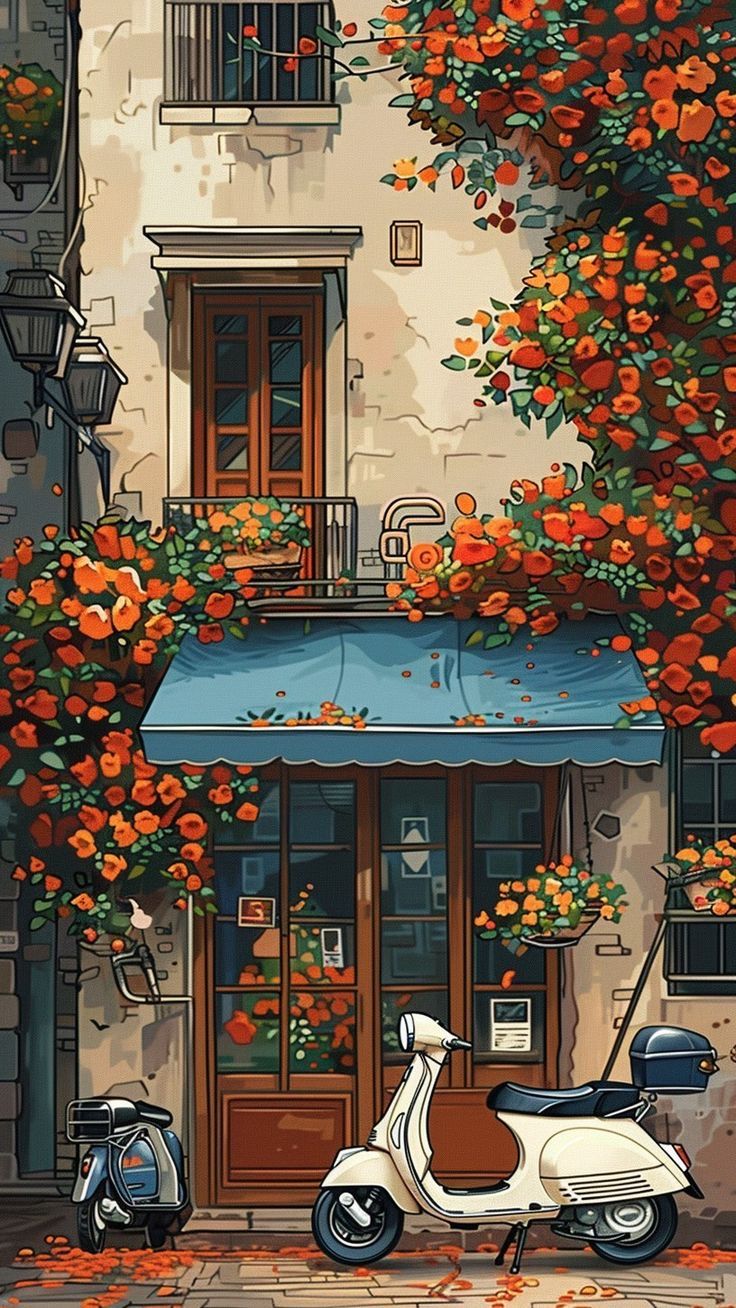 a painting of a scooter parked in front of a building with orange flowers on it