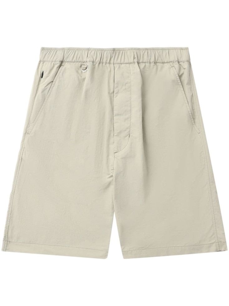 beige cotton logo patch to the rear elasticated waistband two diagonal pockets to the sides two rear welt pockets straight leg knee-length Khaki Cotton Shorts With Elastic Waistband, Summer Khaki Shorts With Patch Pockets, Relaxed Fit Khaki Shorts With Patch Pockets, Beige Relaxed Fit Shorts With Elastic Waistband, Beige Bermuda Bottoms With Elastic Waistband, Beige Bermuda Bottoms With Side Pockets, Beige Short Bottoms With Hip Pockets, Beige Bermuda Shorts With Side Pockets, Casual Khaki Shorts For Work