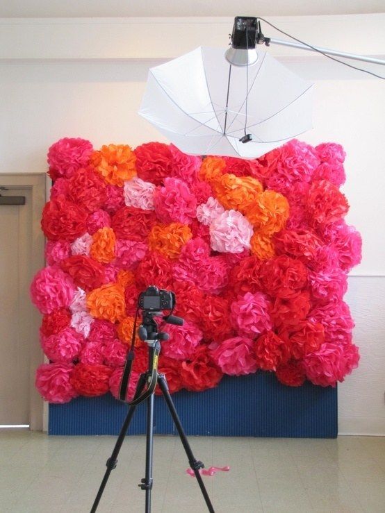 a camera and tripod are set up in front of a wall made out of flowers