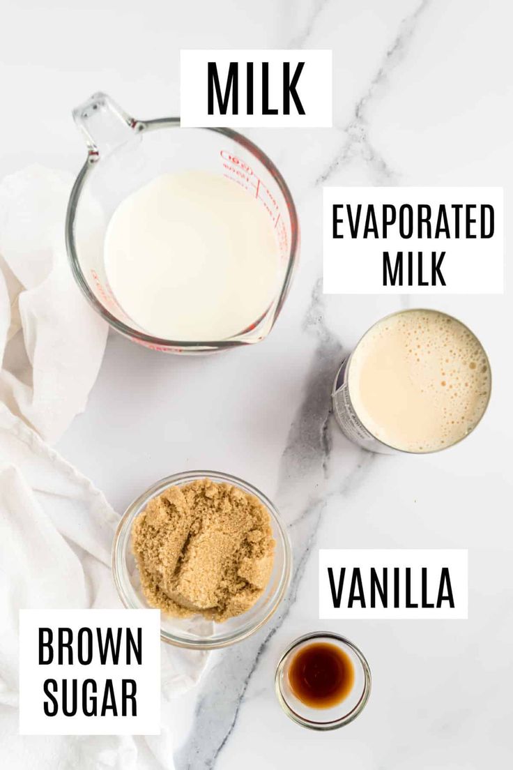 ingredients to make homemade vanilla milk on a white marble countertop with text overlay