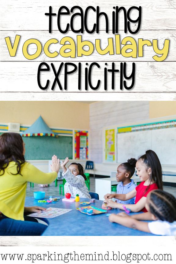 children sitting at a table with their hands in the air and text reading teaching vocabular