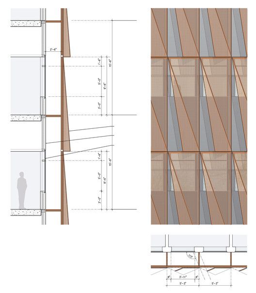 an architectural drawing shows the side and top sections of a tall building with metal bars on each side