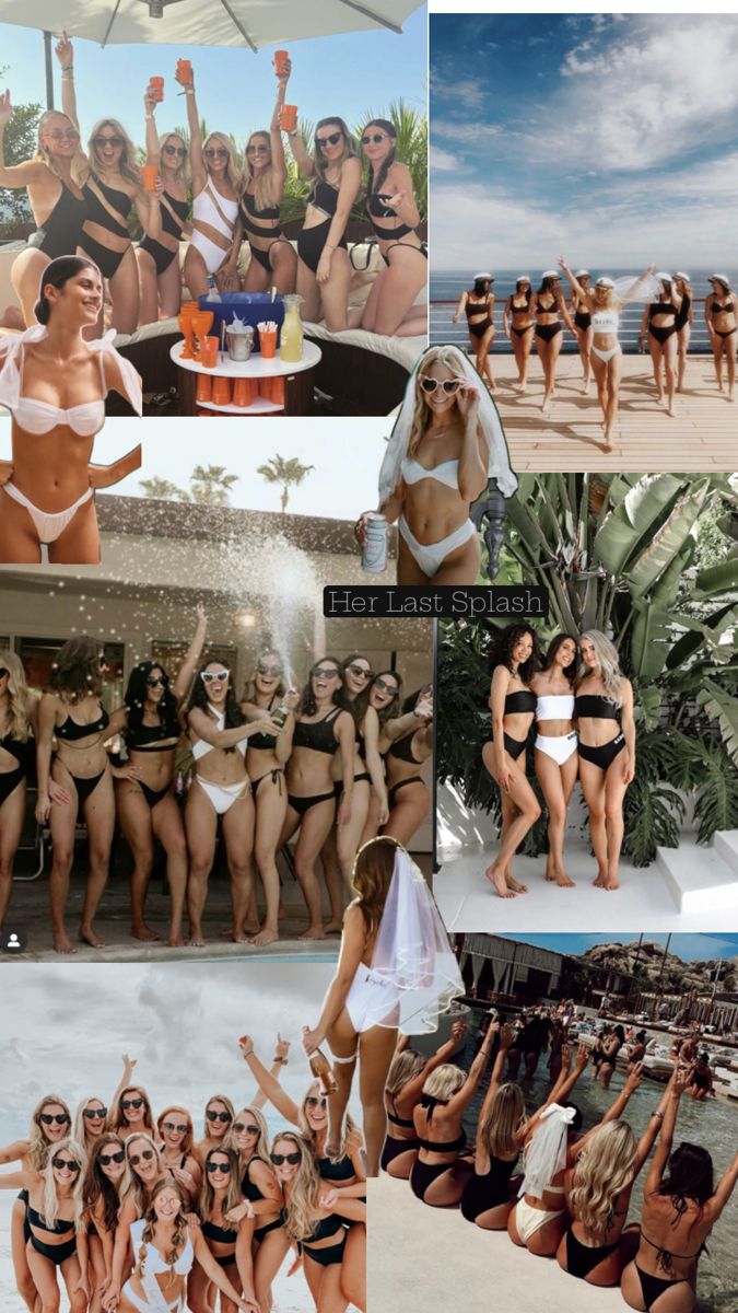 many different pictures of women in bikinis on the beach, and one woman with her arms up