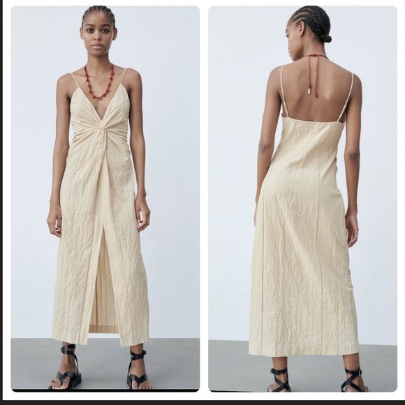 New With Tags Chic Long Beige Dress, Chic Beige Long Dress, Zara Beige Sundress Maxi Dress, Elegant Ruched Midi Dress For Day Out, Zara Beige A-line Midi Dress, Elegant Ruched Midi Dress For Beach, Elegant Beach-style Ruched Midi Dress, Zara Beige Sundress Midi Dress, Zara Beige Midi Sundress