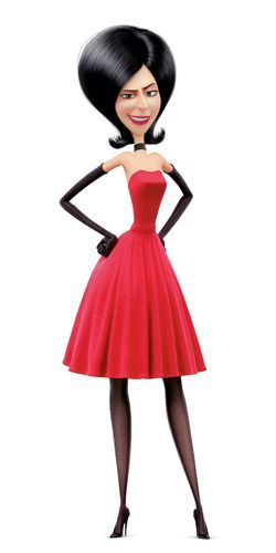 an animated woman in a red dress and black tights