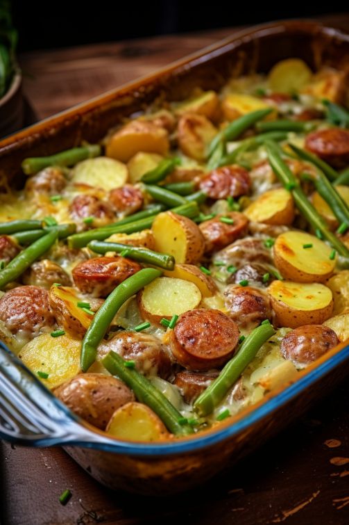 a casserole dish with potatoes, green beans and sausage