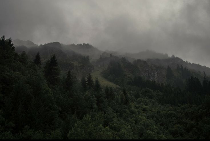 the mountains are covered in dark clouds and trees