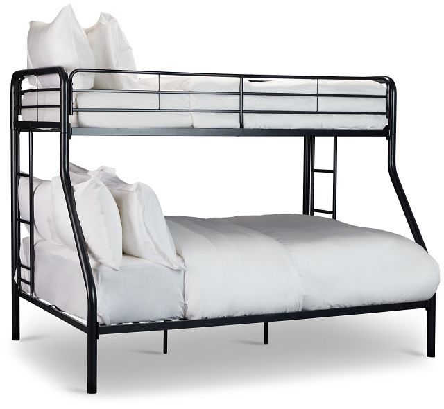 a bunk bed with two white pillows on the bottom and one black metal frame, against a white background