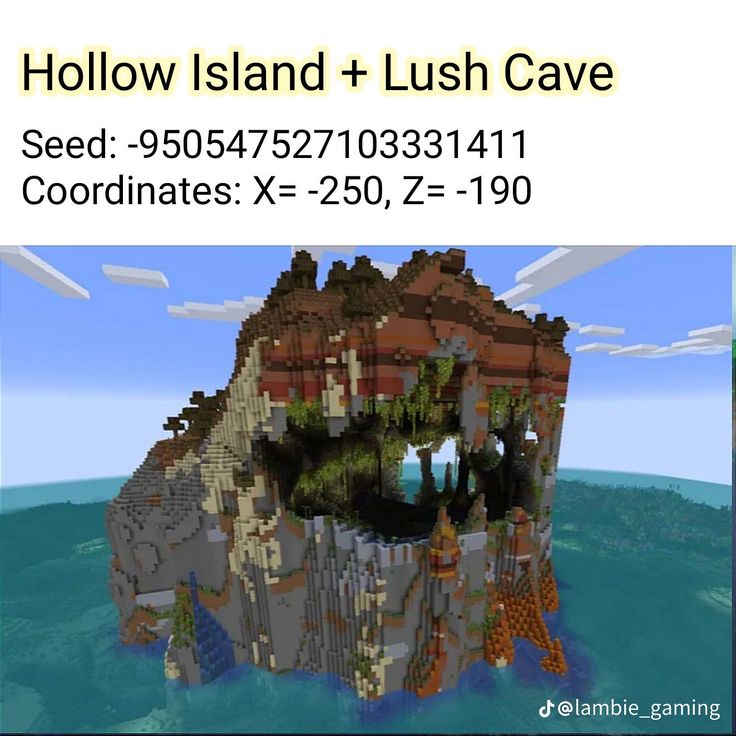 an image of a large rock in the middle of water with text below it that reads hollow island + lush cave