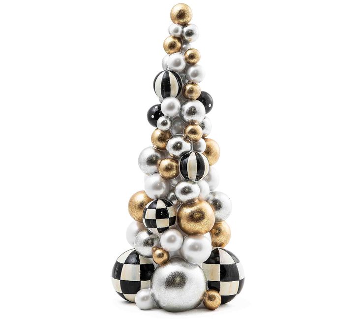 a christmas tree made out of black and white balls with gold trimmings on the top