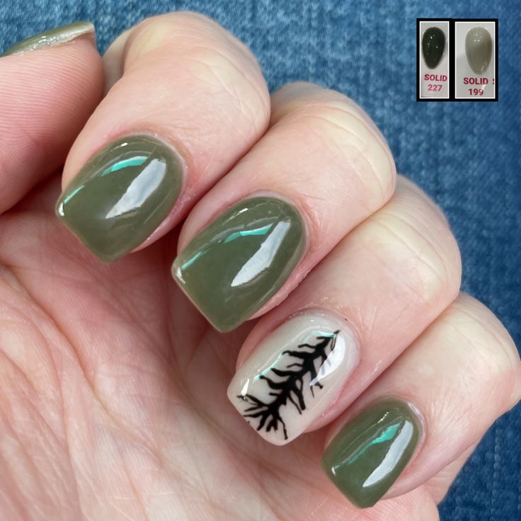 Camp Nail Art, Tree Manicure, Nails For Camp, Mountain Gel Nail Designs, Pine Tree Nails Designs, Woodsy Nail Designs, Forest Nail Ideas, Simple Nature Nails, Mountain Gel Nails