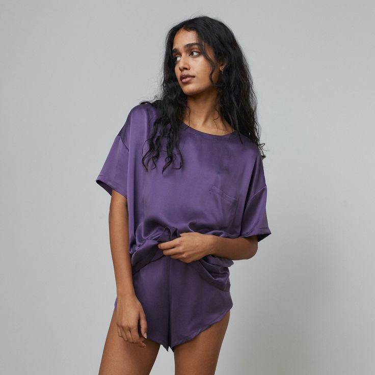 Lunya Sleepwear Washable Silk Tee Set - #Meditative Purple Disabled Clothing, Silk Tee Shirt, Oversized Tee Shirt, Silk Tee, Silk Sheets, Tee Set, Silk Shorts, Silk Pajamas, Geometric Lines